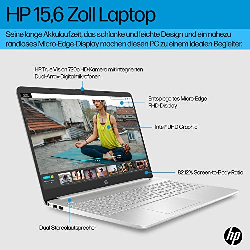 HP Laptop | 15,6" FHD Display | Intel Celeron N4500 | 4 GB DDR4 RAM | 128 GB SSD | Intel UHD Graphics | Windows 11 Home im S-Modus | QWERTZ Tastatur | Silber | inkl. Microsoft Office 365 Single